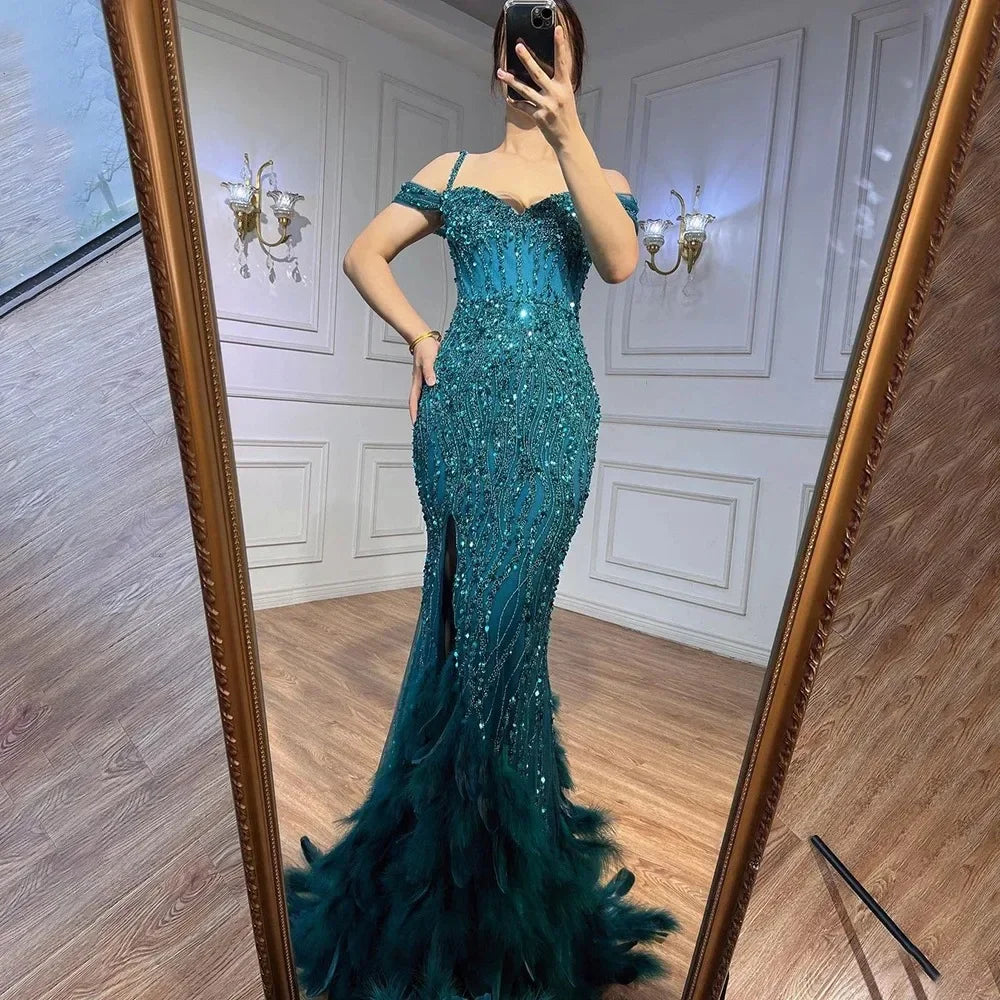 Green Mermaid Feathers Prom Dresses Wedding Evening Dress LA71650A - SERENE HILL