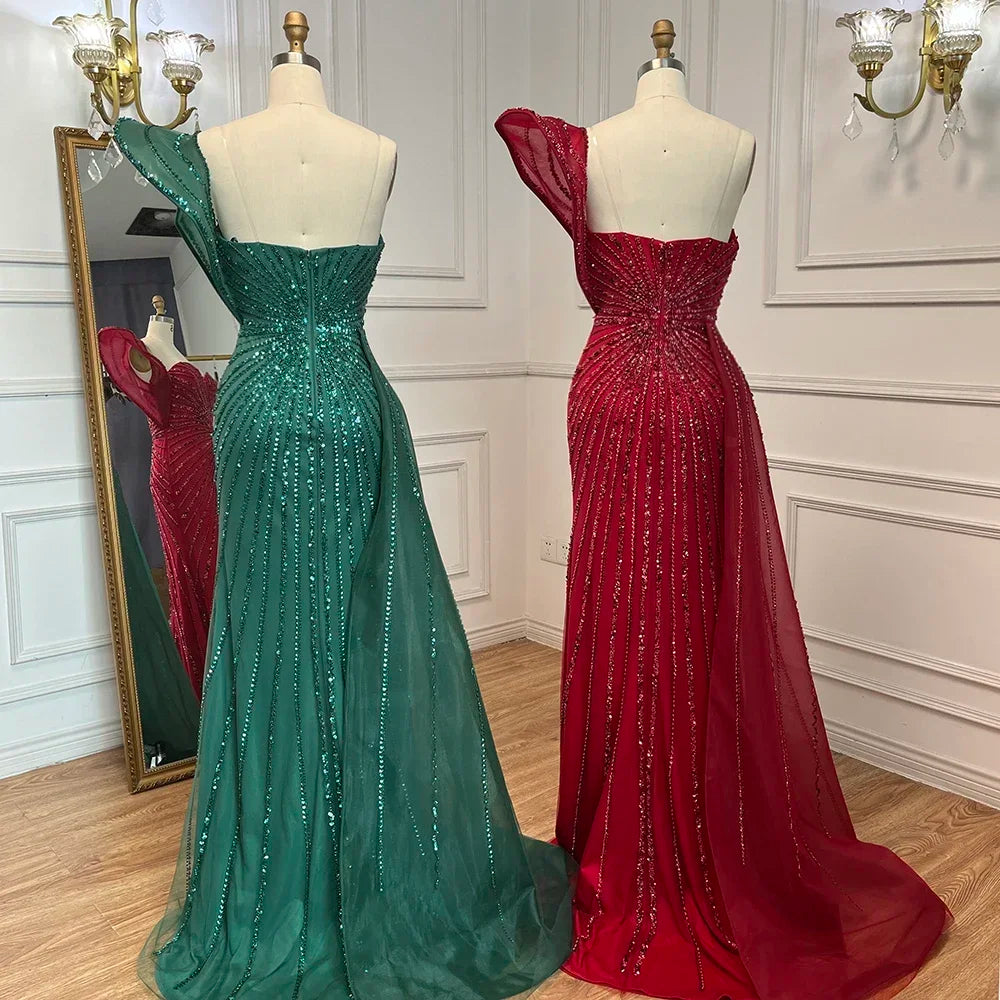 Luxury Dubai Green Mermaid High Split One Shoulder Beaded Evening Dresses Gowns For Wedding Party LA71779 - SERENE HILL