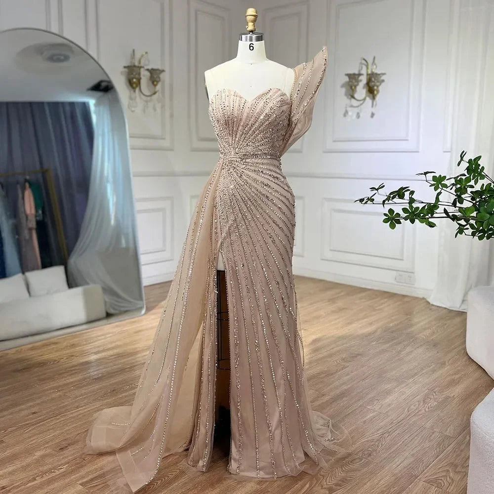Luxury Dubai Green Mermaid High Split One Shoulder Beaded Evening Dresses Gowns For Wedding Party LA71779 - SERENE HILL