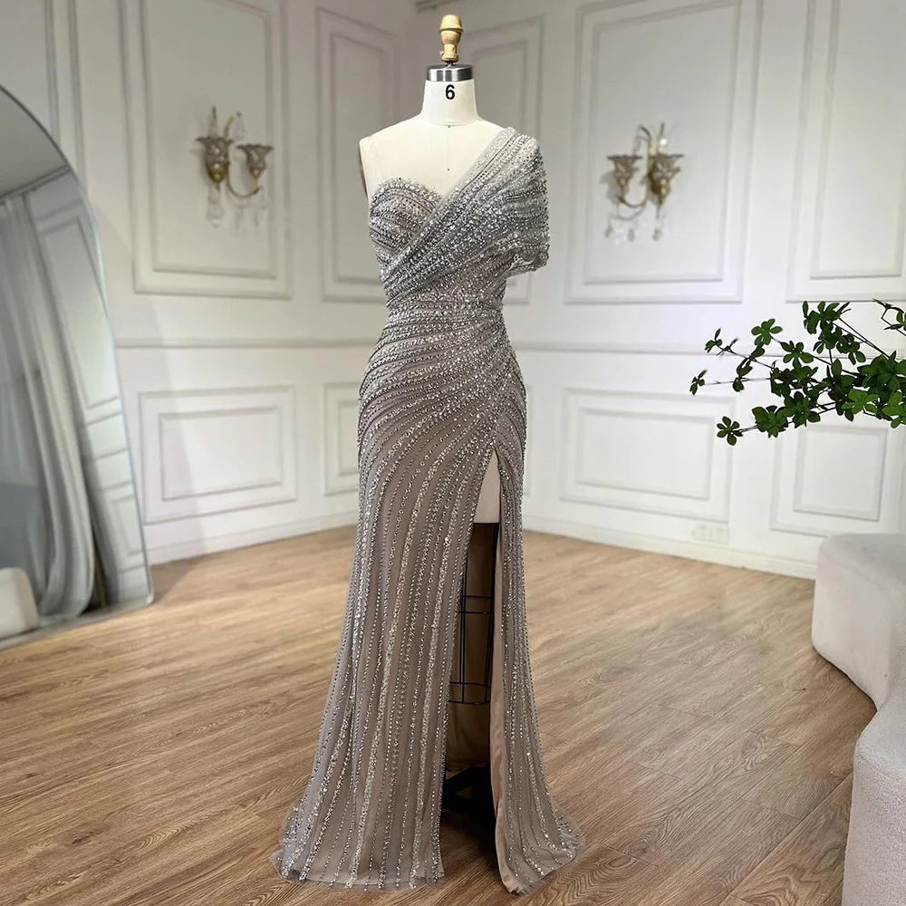 Serene Hill Green Mermaid High Split One Shoulder Beaded Evening Dresses Gowns for Women Wedding Party 2025 LA72364 - SERENE HILL