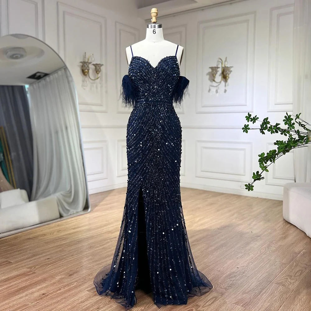 Serene Hill Green Mermaid High Split Spaghetti Strap Evening Dresses Feather Beaded Gowns For Women Party LA72238 - SERENE HILL