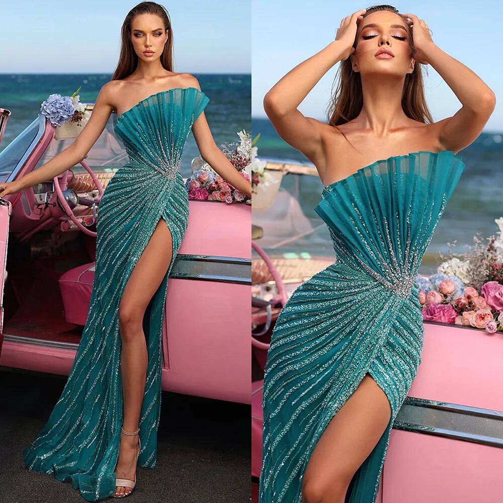 Serene Hill Green Mermaid Sexy High Split Off Shoulder Beaded Luxury Dubai Evening Dresses Gowns 2025 For Women Party LA72049 - SERENE HILL