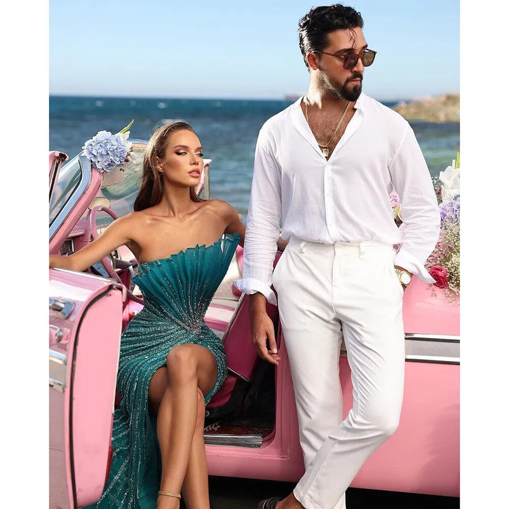 Serene Hill Green Mermaid Sexy High Split Off Shoulder Beaded Luxury Dubai Evening Dresses Gowns 2025 For Women Party LA72049 - SERENE HILL