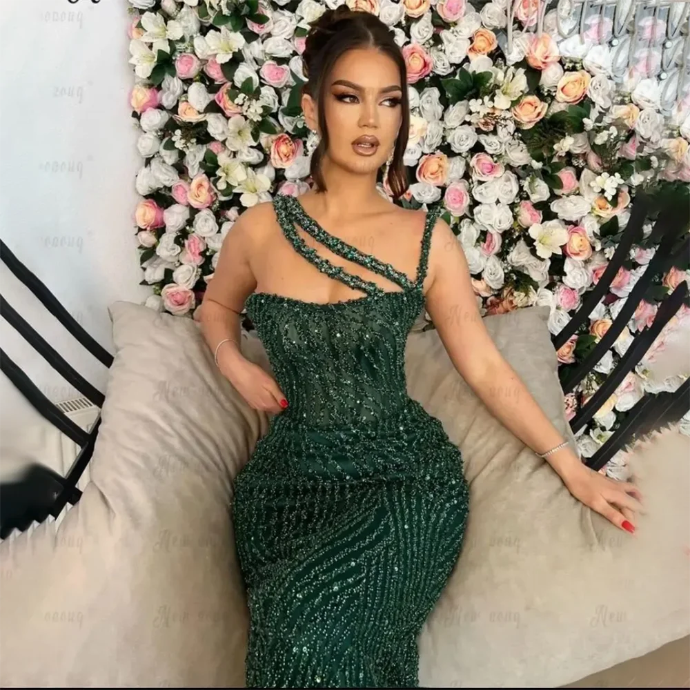 Serene Hill Green One Shoulder Mermaid Elegant Beaded Luxury Red Evening Dress Gown for Women&