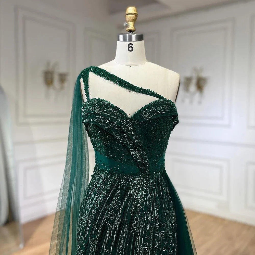 Luxury Green One Shoulder Mermaid Evening Dress with Cape LA72472 - SERENE HILL