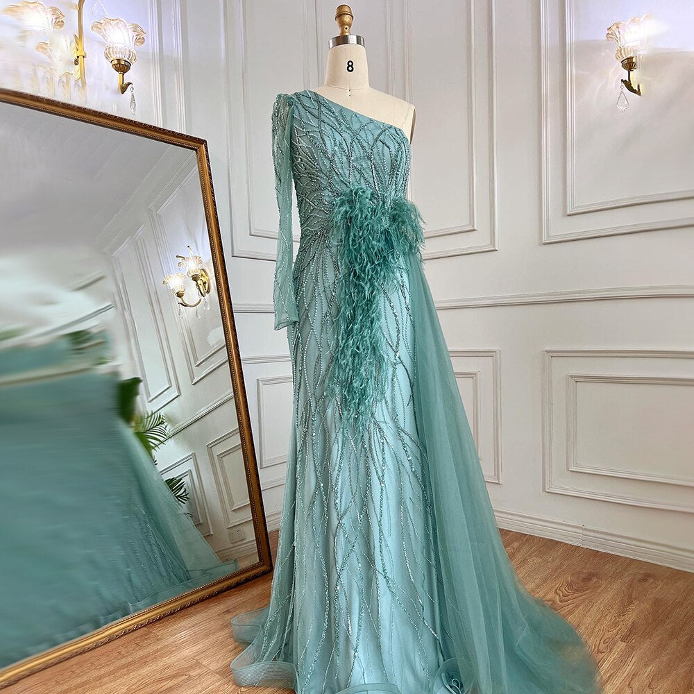 Serene Hill Grey Mermaid Elegant With Skirt One Shoulder Beaded Feathers Evening Dresses Gowns For Women Party 2025 LA71789 - SERENE HILL