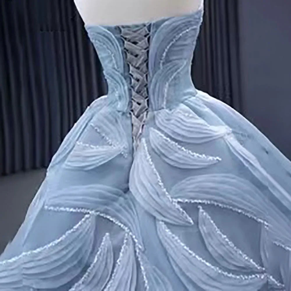 Serene Hill High End Custom Made Gray Blue Lace Up Beaded Luxury Ball Gown Bride Gowns Wedding Dress HM231064 - SERENE HILL