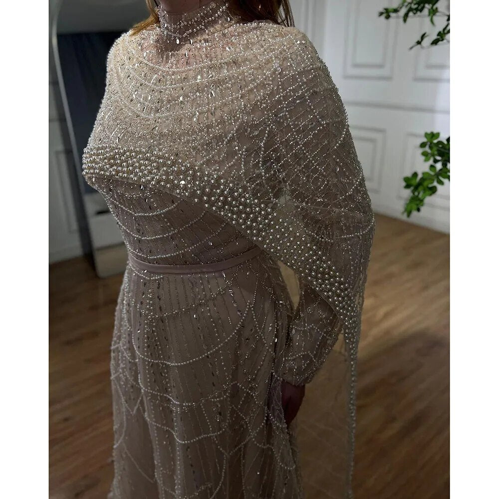 Luxury Modest Sage Green Evening Dress with Pearls LA72032B - SERENE HILL