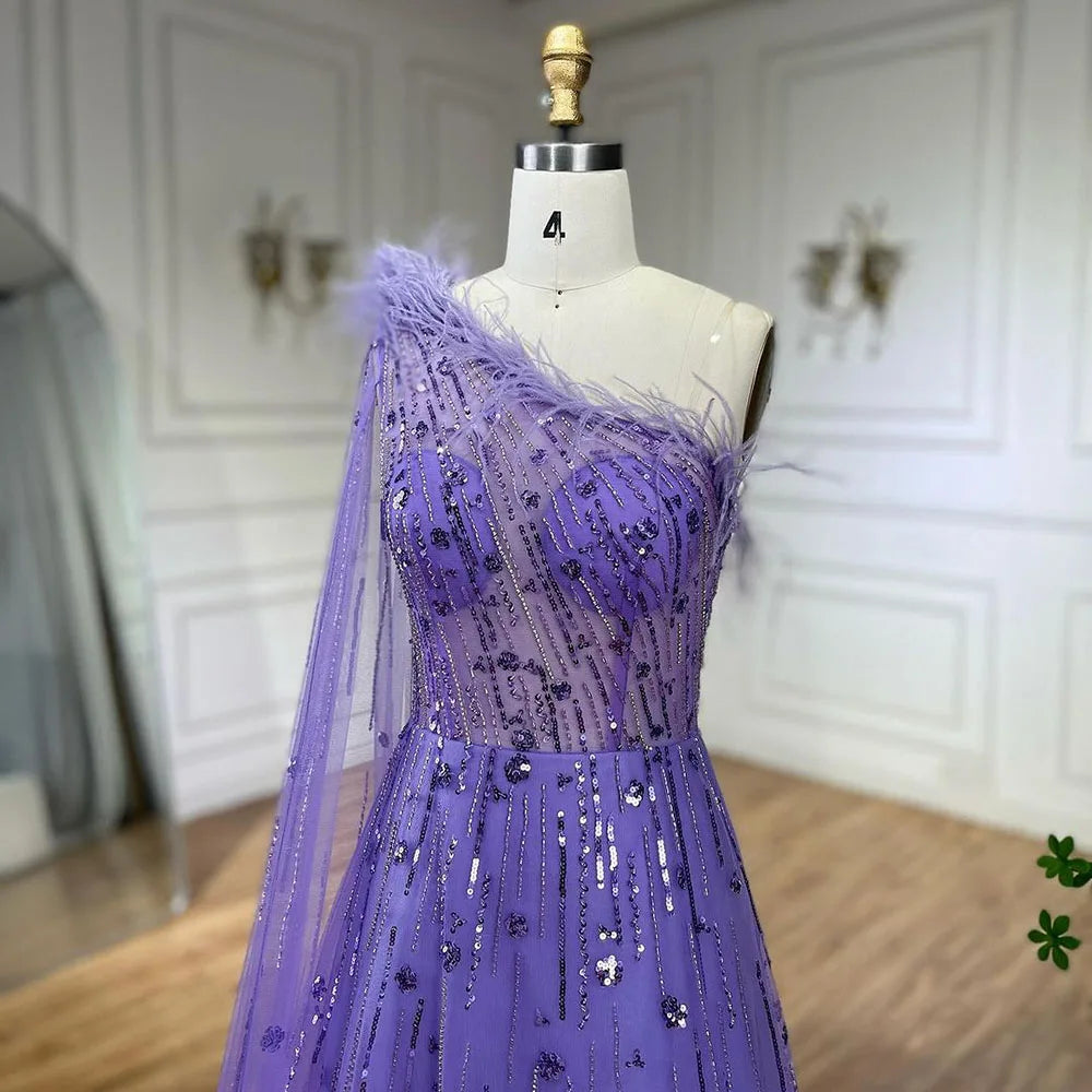 Serene Hill Lilac A Line One Shoulder Cape Sleeves Feathers Beaded Luxury Evening Dresses Gowns for Women Wedding Party LA72503A - SERENE HILL
