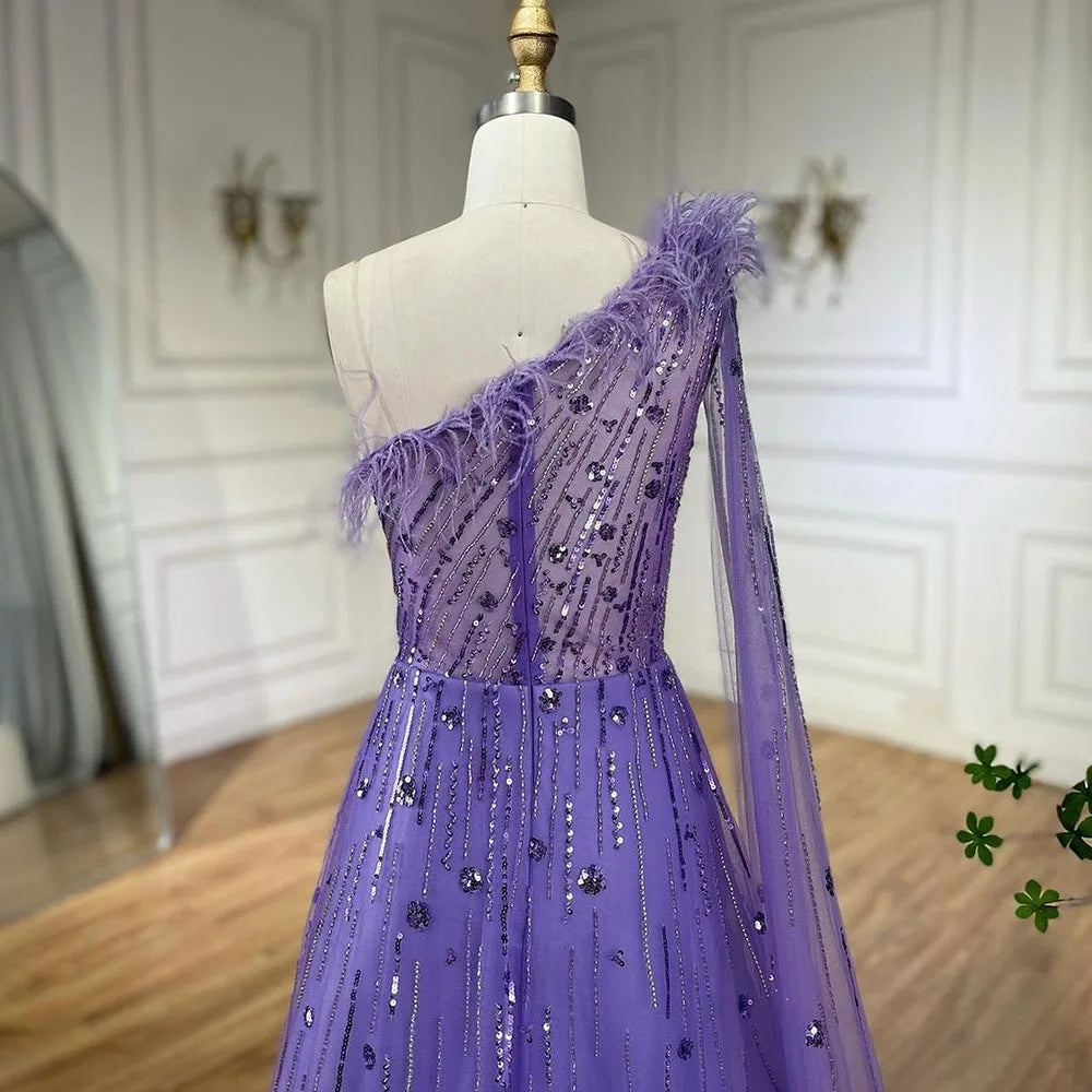 Serene Hill Lilac A Line One Shoulder Cape Sleeves Feathers Beaded Luxury Evening Dresses Gowns for Women Wedding Party LA72503A - SERENE HILL