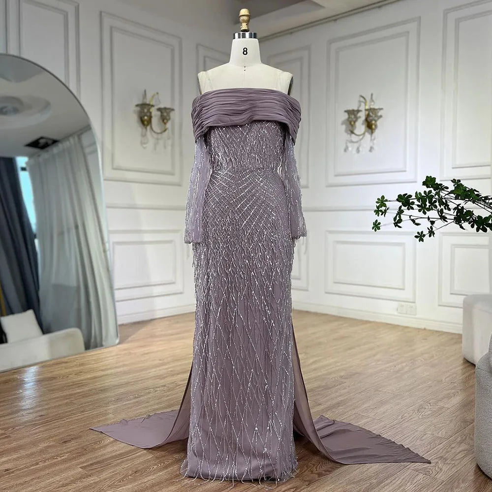 Luxury Tassel Lilac Off Shoulder Evening Dress with Cape LA72374 - SERENE HILL