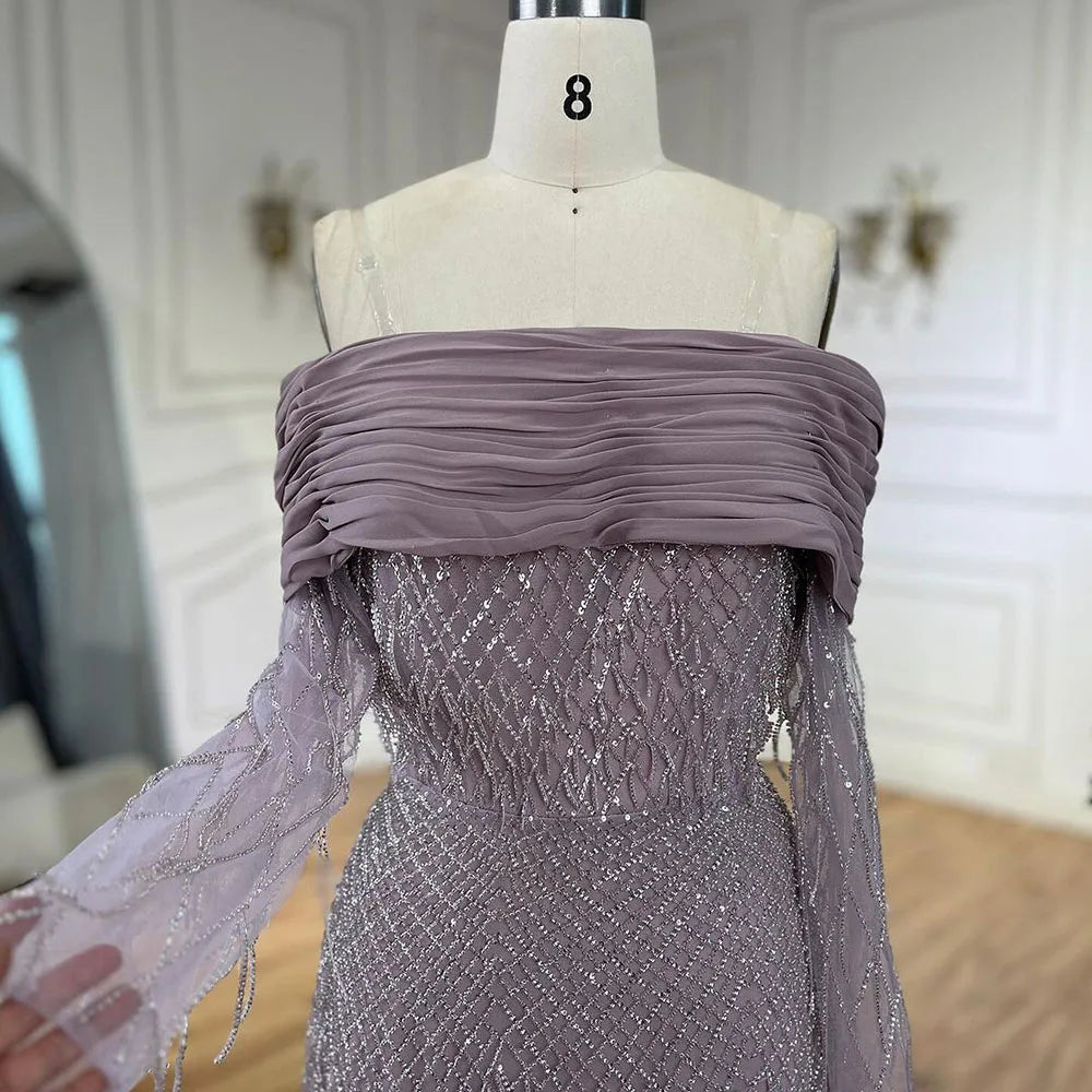 Luxury Tassel Lilac Off Shoulder Evening Dress with Cape LA72374 - SERENE HILL