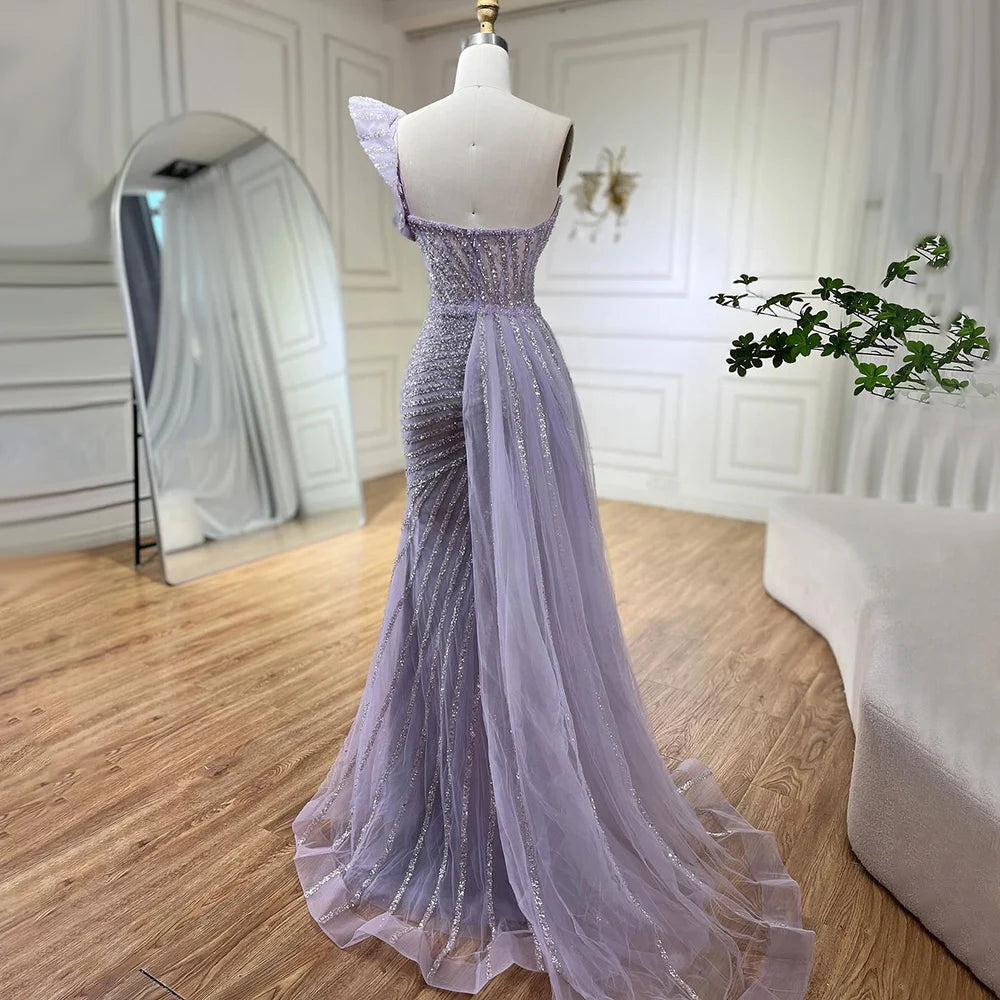 Lilac One Shoulder High Split Beaded Mermaid Evening Dress Gown LA72277 - SERENE HILL