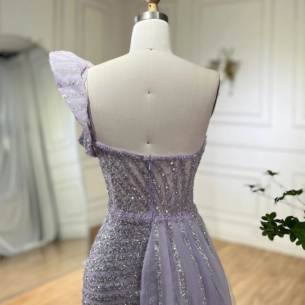 Lilac One Shoulder High Split Beaded Mermaid Evening Dress Gown LA72277 - SERENE HILL