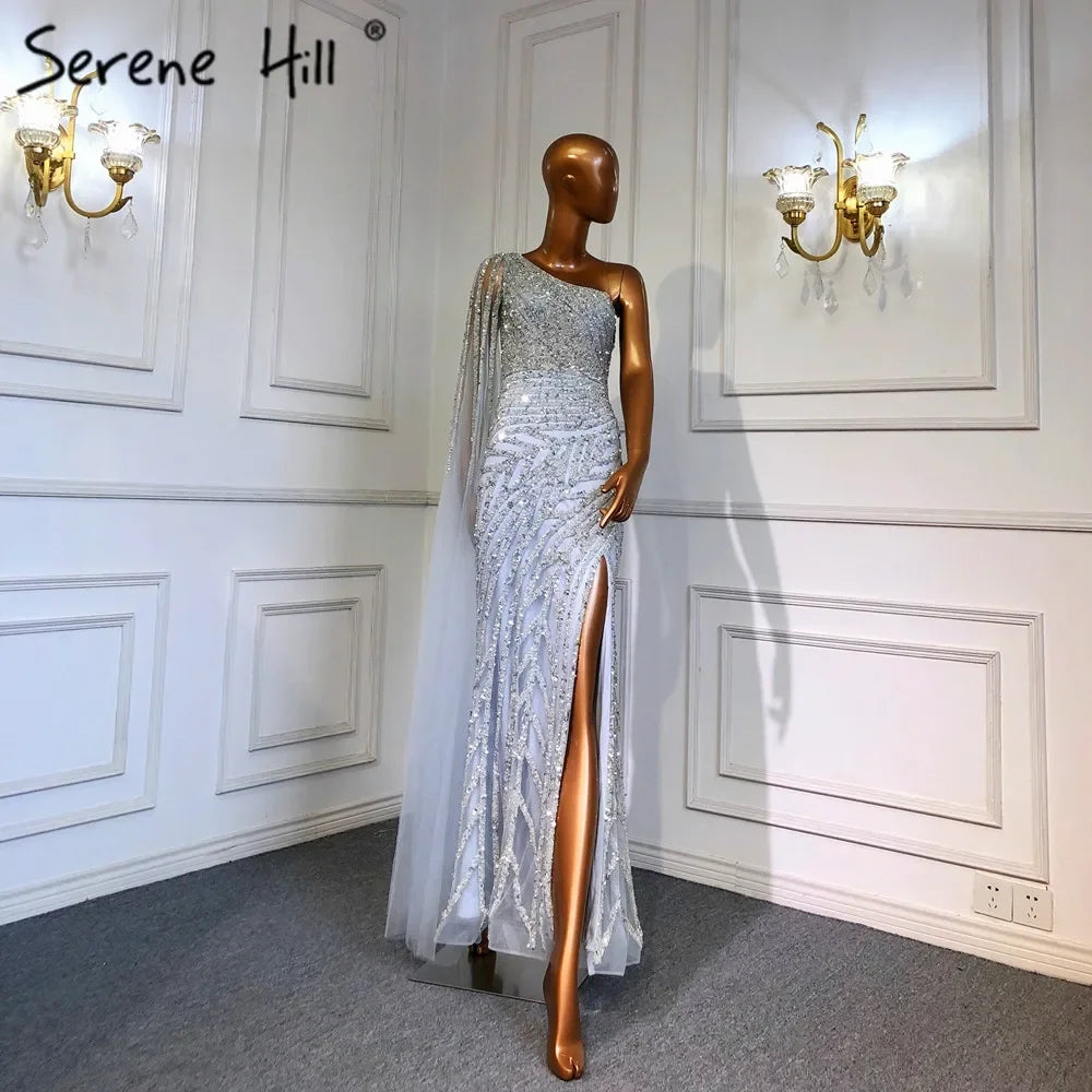 Serene Hill Lilac High Split Mermaid Elegant One Shoulder Evening Dresses Gowns Luxury Beaded 2025 For Women Party LA71493 - SERENE HILL