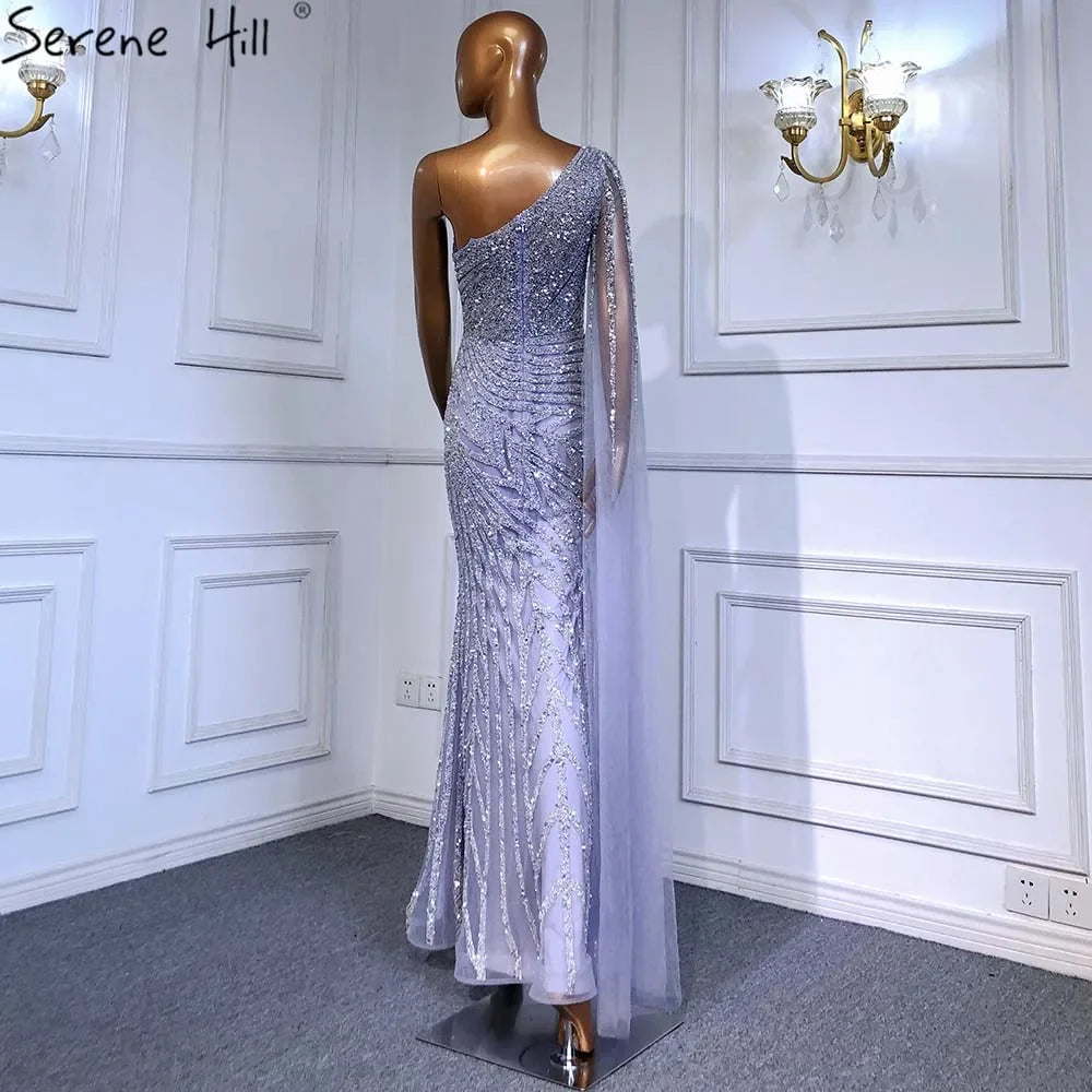Serene Hill Lilac High Split Mermaid Elegant One Shoulder Evening Dresses Gowns Luxury Beaded 2025 For Women Party LA71493 - SERENE HILL