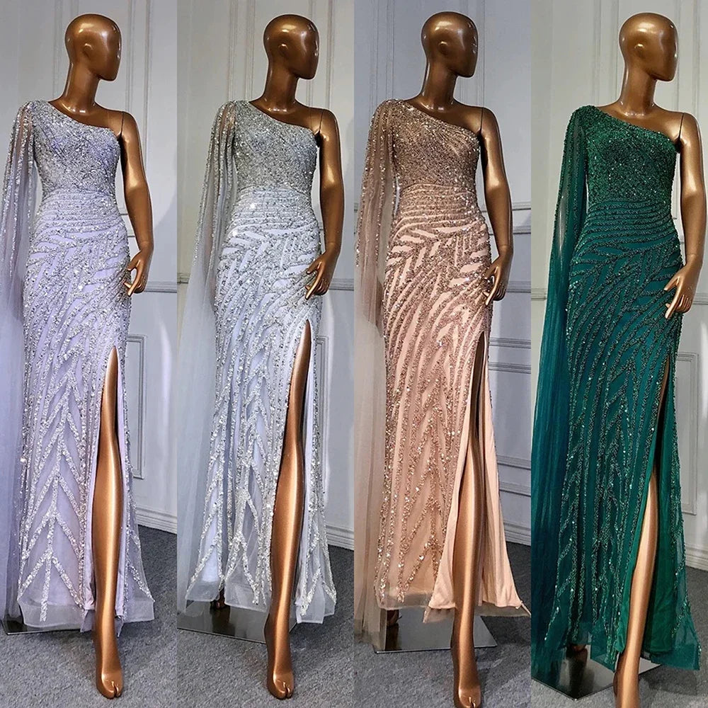 Serene Hill Lilac High Split Mermaid Elegant One Shoulder Evening Dresses Gowns Luxury Beaded 2025 For Women Party LA71493 - SERENE HILL