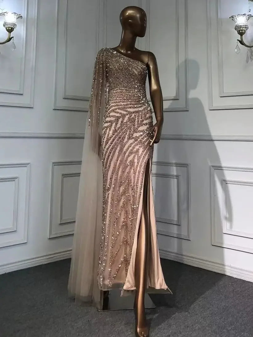 Serene Hill Lilac High Split Mermaid Elegant One Shoulder Evening Dresses Gowns Luxury Beaded 2025 For Women Party LA71493 - SERENE HILL