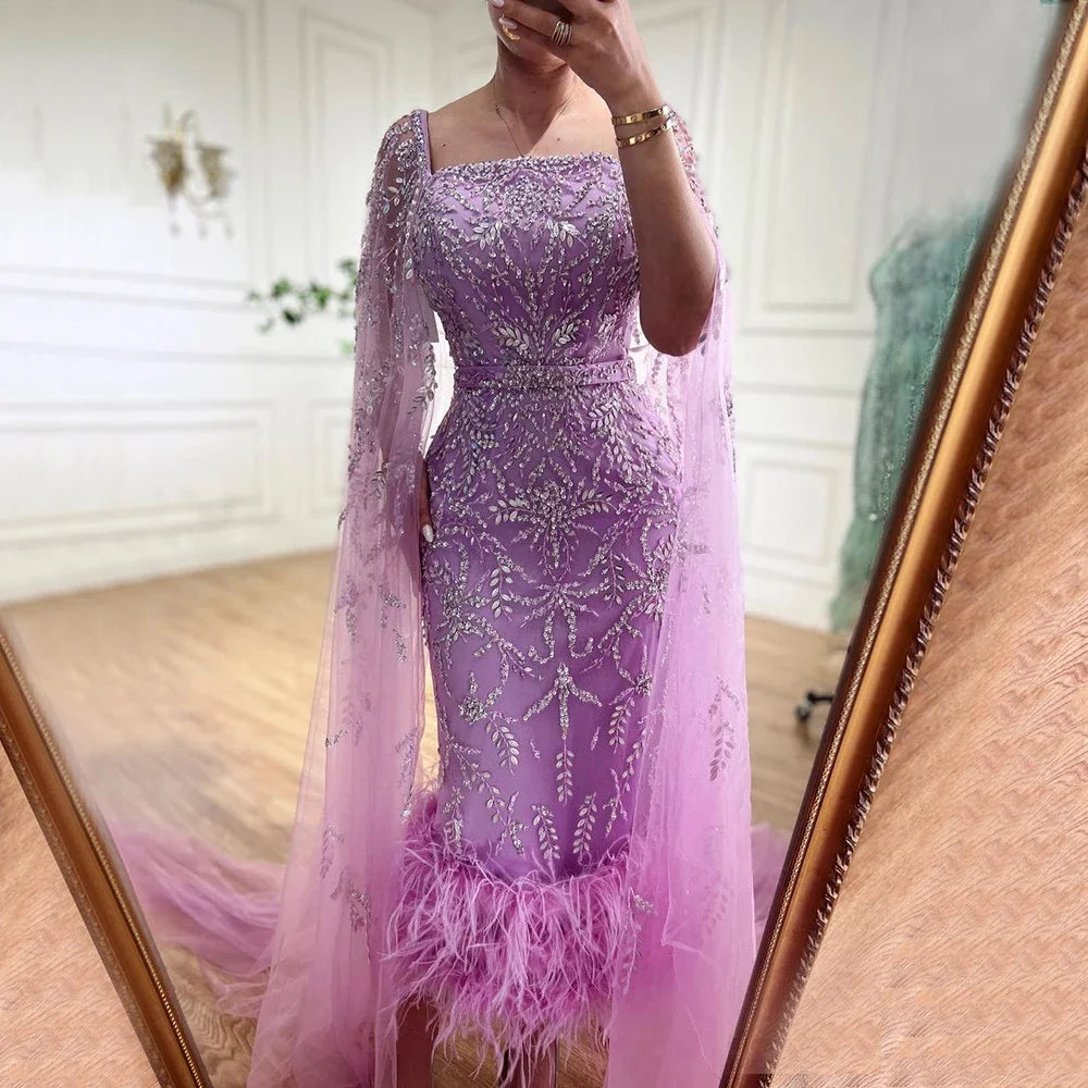 Dubai Luxury Feathers Lilac Evening Dress with Cape Sleeves LA71841 - SERENE HILL