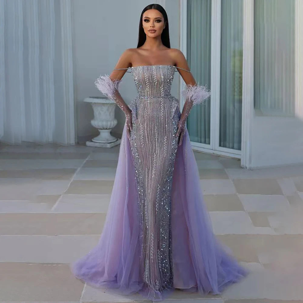 Serene Hill Lilac Mermaid Overskirt Feather Beaded Evening Dresses With Gloves Gowns 2025 For Women Party LA72029 - SERENE HILL
