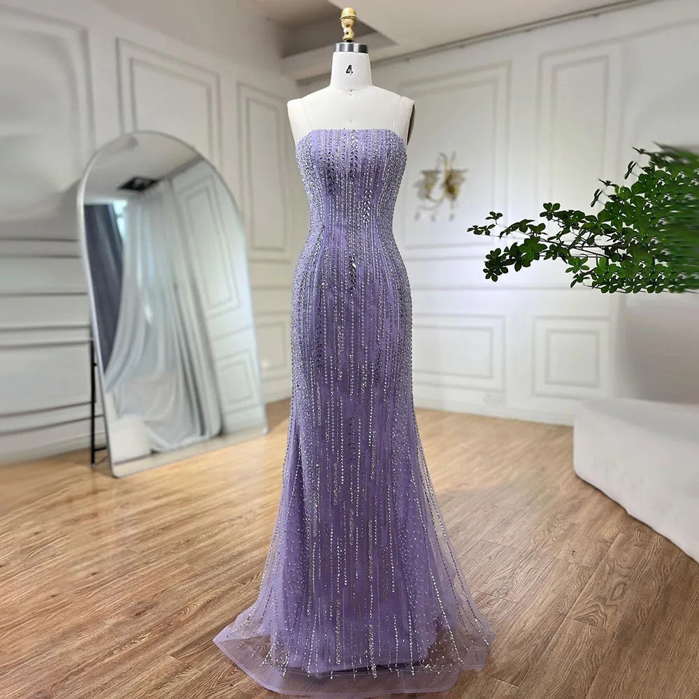 Serene Hill Lilac Mermaid Overskirt Feather Beaded Evening Dresses With Gloves Gowns 2025 For Women Party LA72029 - SERENE HILL