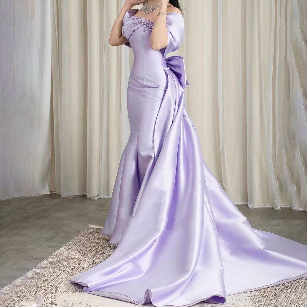 Elegant Off Shoulder Lilac Evening Dress with Overskirt LA72075 - SERENE HILL