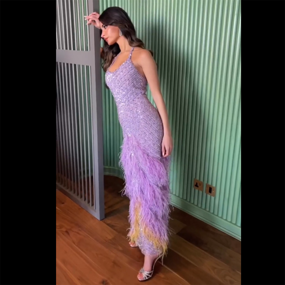 Lilac Feather Halter Mermaid Luxury Dubai Evening Dress LA72056 - SERENE HILL