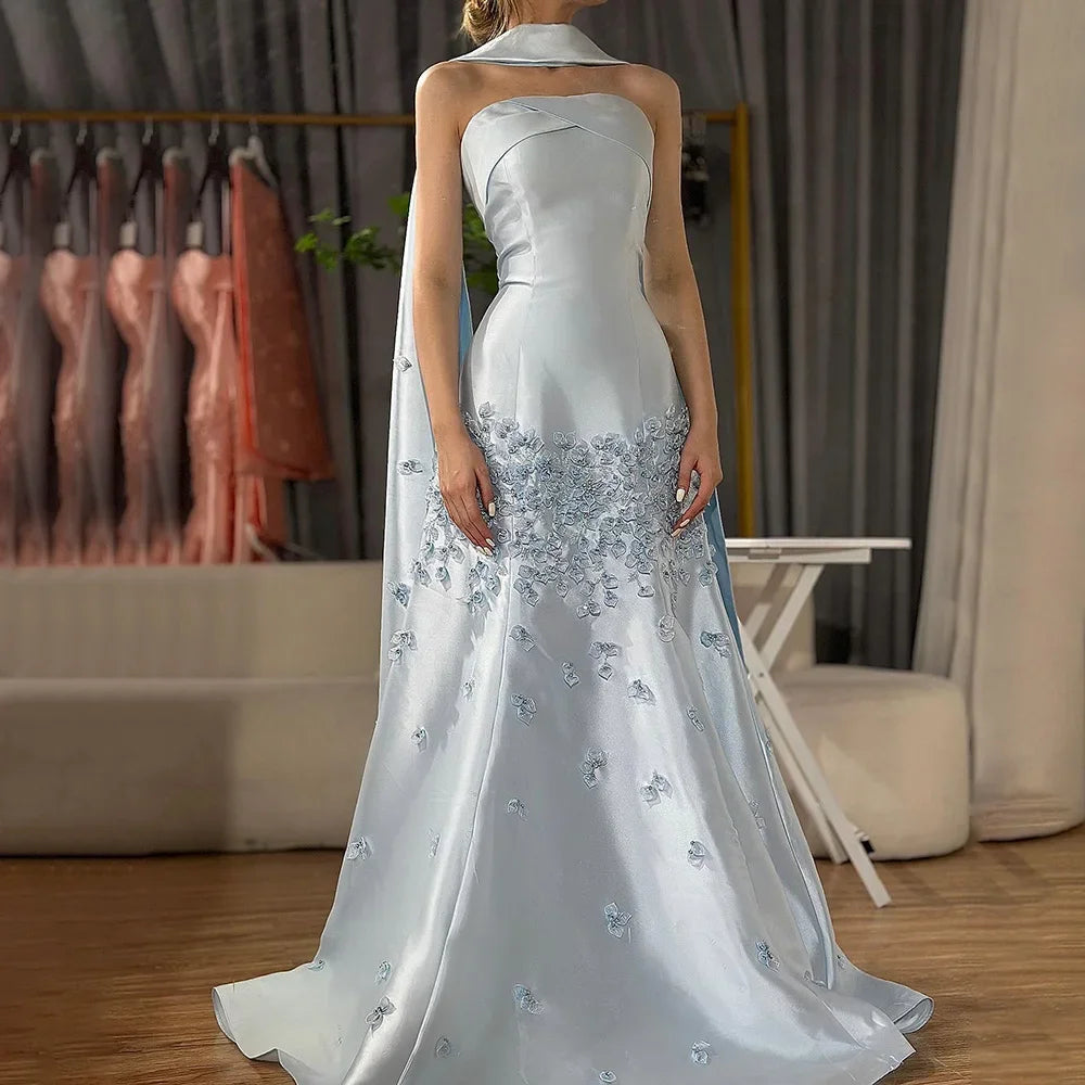 Luxury Dubai Luxury Peach Satin Mermaid Evening Dress with Cape Saudi Arabic for Formal Occasion LA72483A - SERENE HILL
