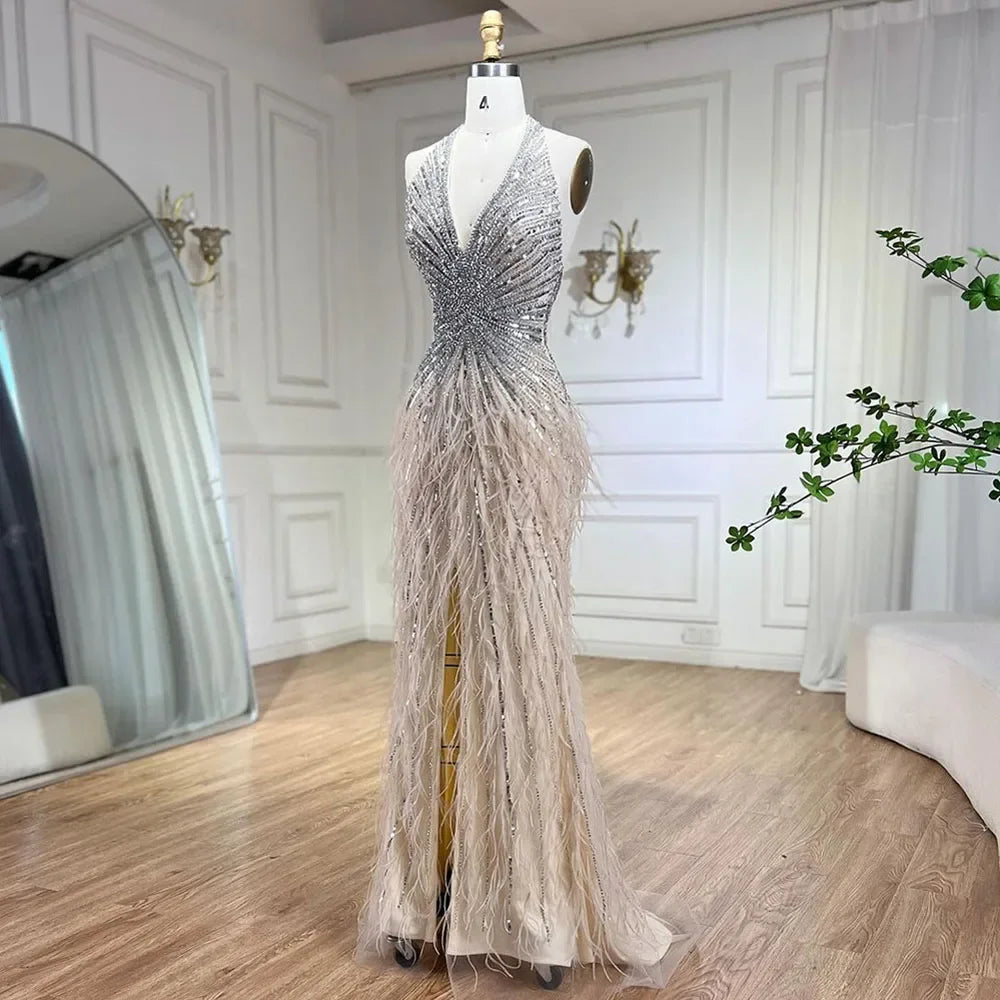 Serene Hill Luxury Beaded Feather Beige High Split Mermaid Evening Dresses Gowns Backless 2025 For Women Party LA70623B - SERENE HILL
