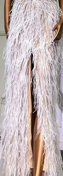 Serene Hill Luxury Beaded Feather Beige High Split Mermaid Evening Dresses Gowns Backless 2025 For Women Party LA70623B - SERENE HILL