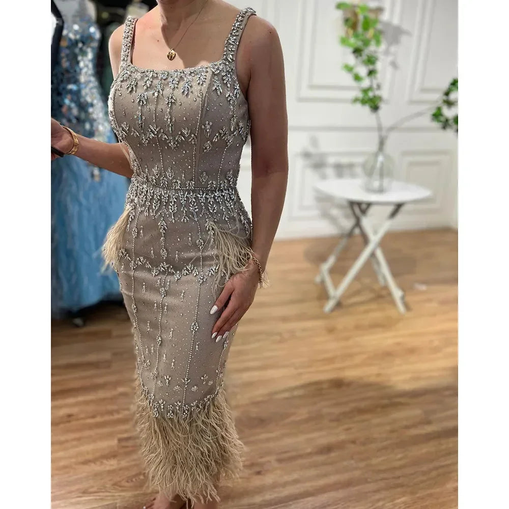 Luxury Blue Lace Midi Evening Dress with Crystals and Feathers LA71492A - SERENE HILL