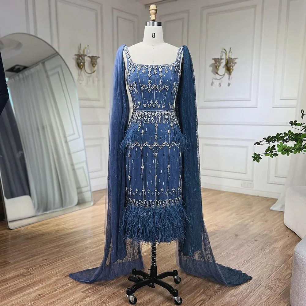 Luxury Blue Lace Midi Evening Dress with Crystals and Feathers LA71492A - SERENE HILL