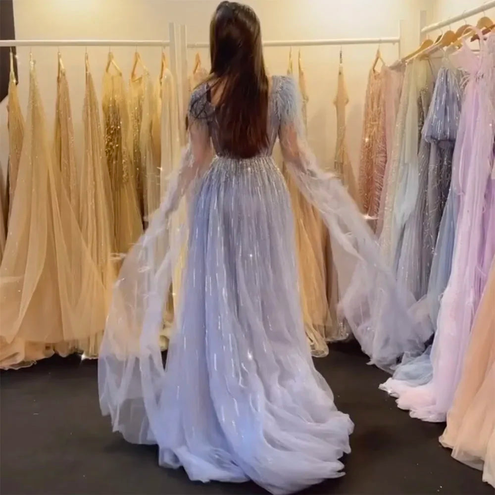 Blue Luxury Feathers Arabic Evening Dresses with Cape LA72236 - SERENE HILL