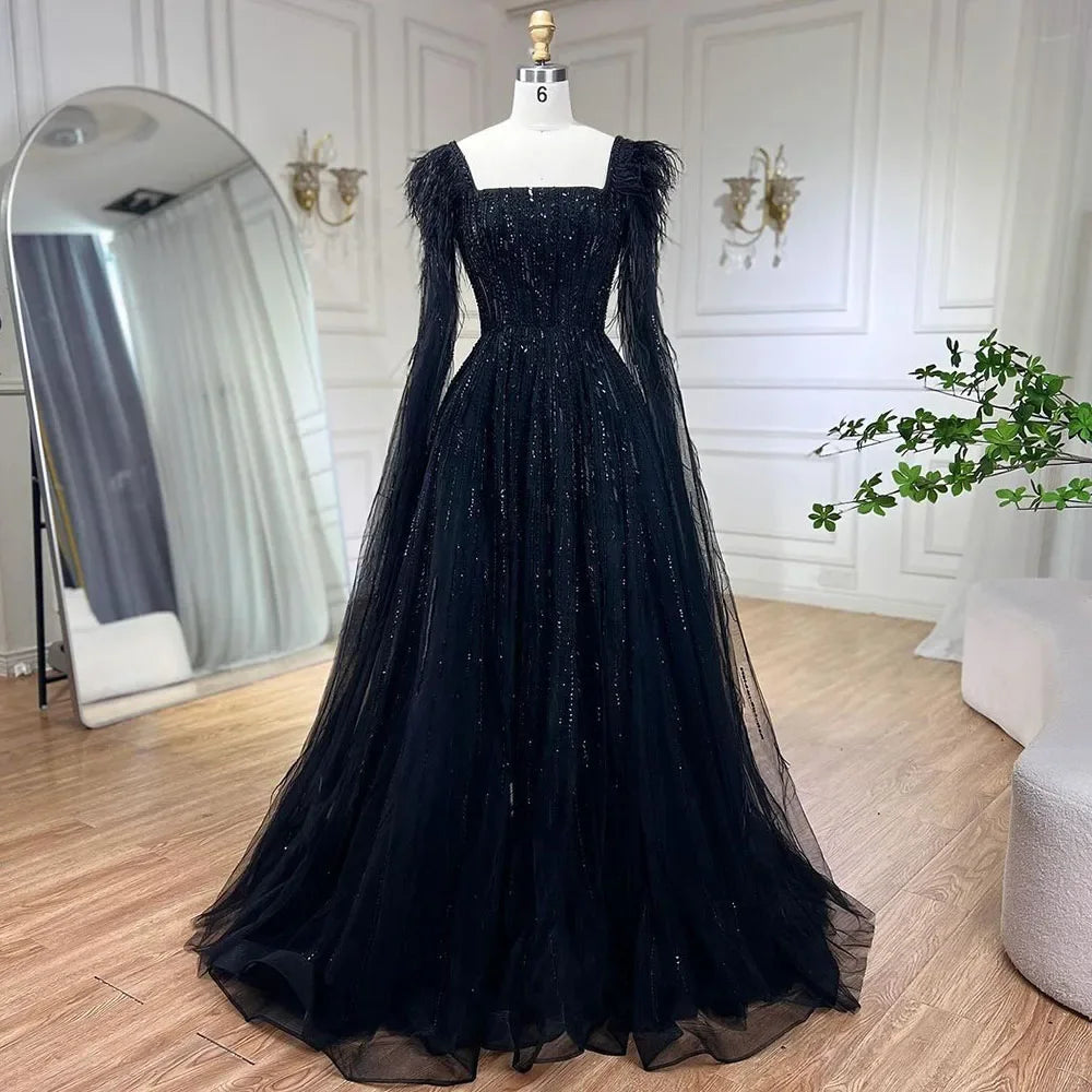Blue Luxury Feathers Arabic Evening Dresses with Cape LA72236 - SERENE HILL