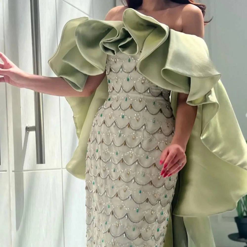 Saudi Arabia Sage Green Luxury Dubai Evening Dresses with Cape LA72567 - SERENE HILL