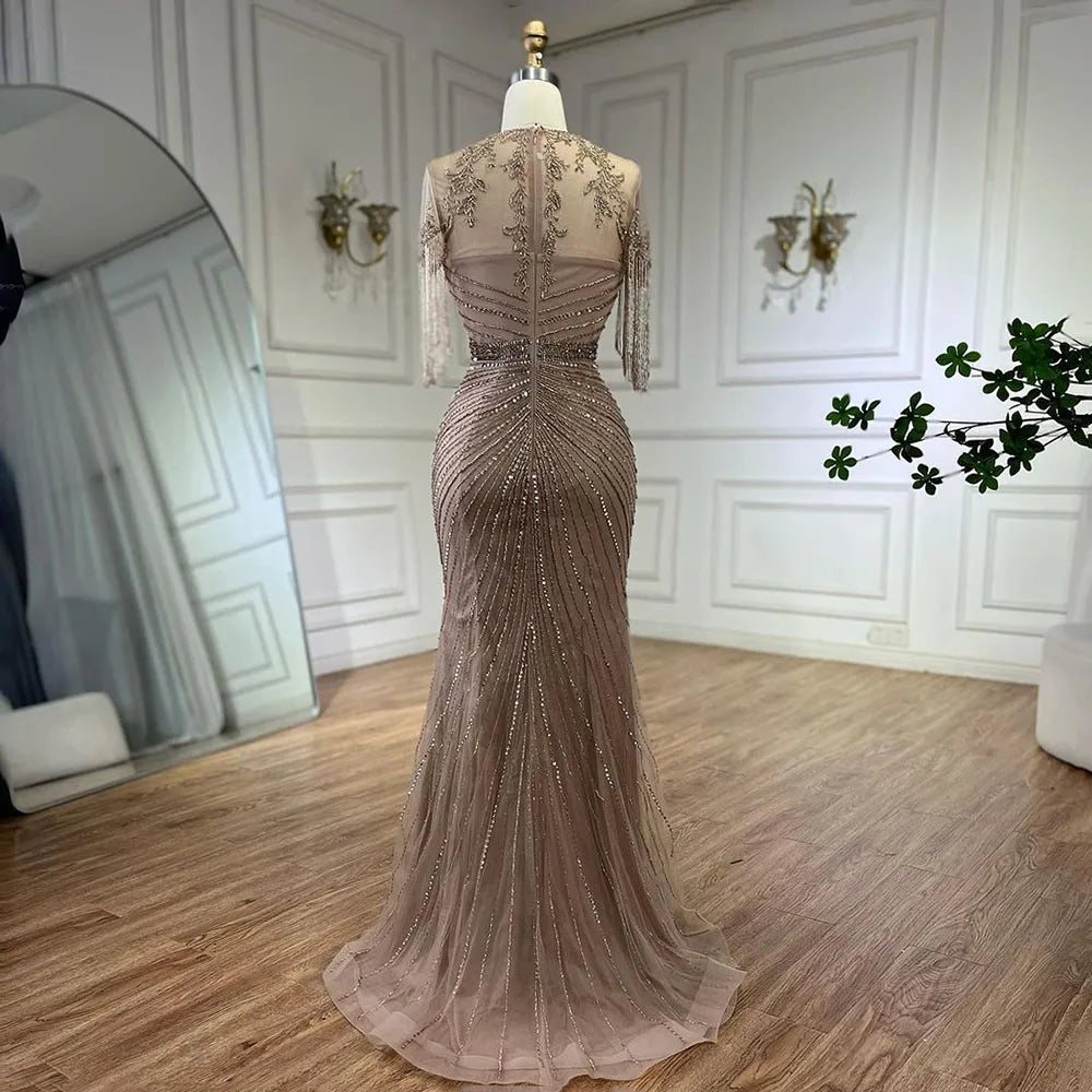 Serene Hill Luxury Dubai Arabic Caramel Tassel Mermaid Beaded Evening Dresses Gowns for Women&