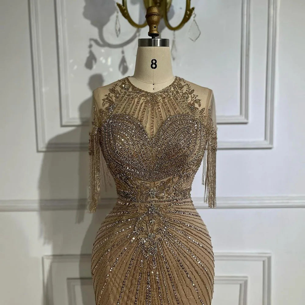 Serene Hill Luxury Dubai Arabic Caramel Tassel Mermaid Beaded Evening Dresses Gowns for Women&