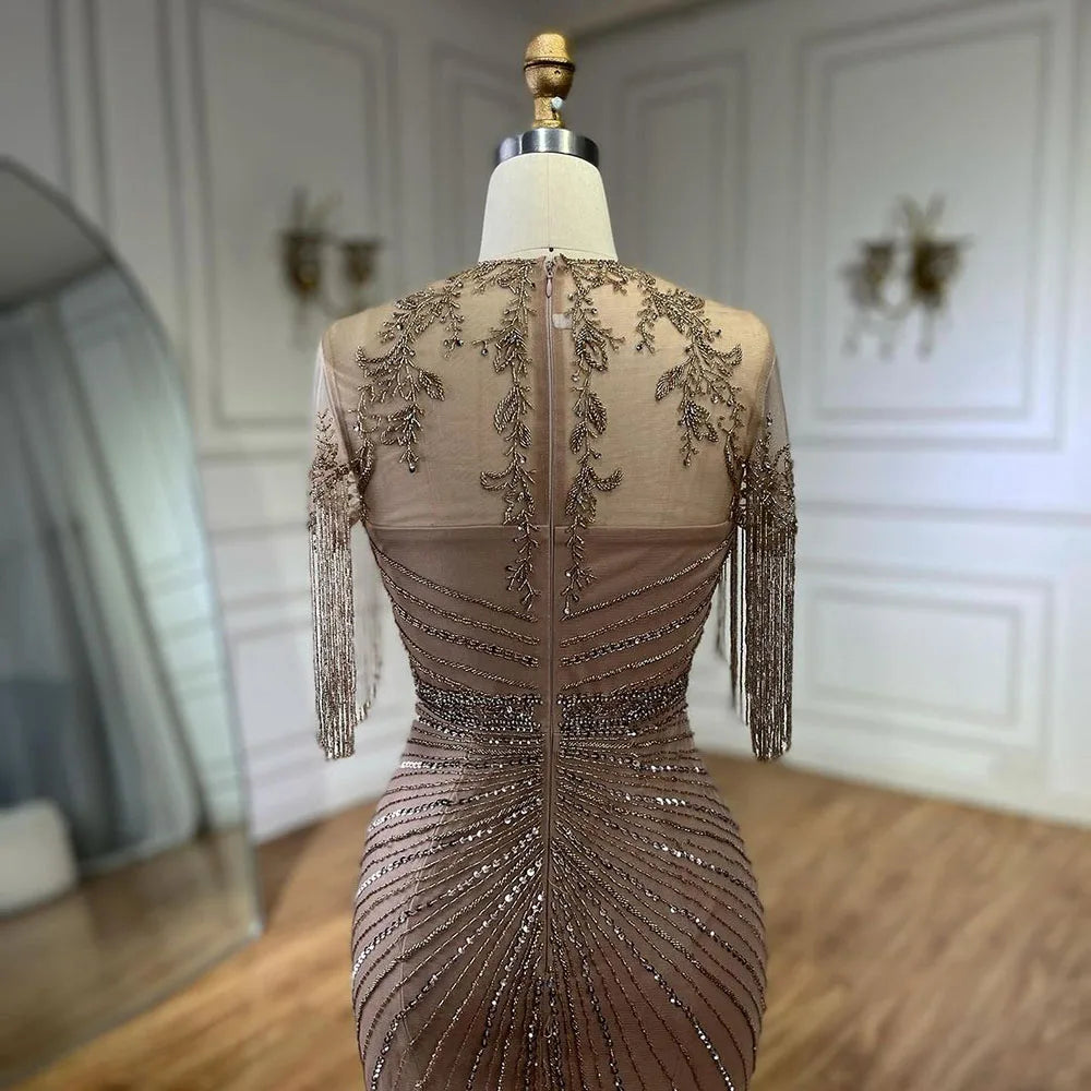 Serene Hill Luxury Dubai Arabic Caramel Tassel Mermaid Beaded Evening Dresses Gowns for Women&