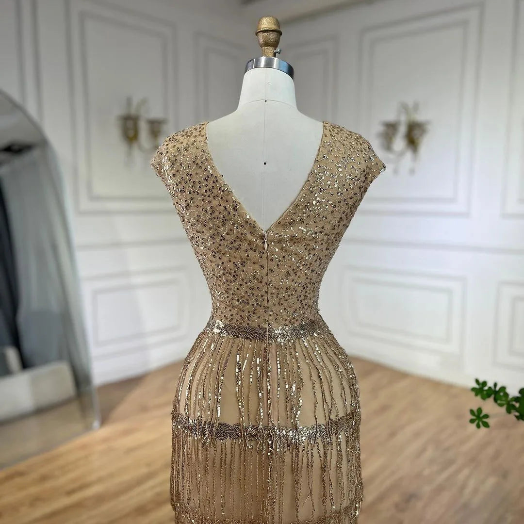 Serene Hill Luxury Dubai Arabic Mermaid Gold Elegant Tassel Beaded Evening Dresses Gowns for Women&