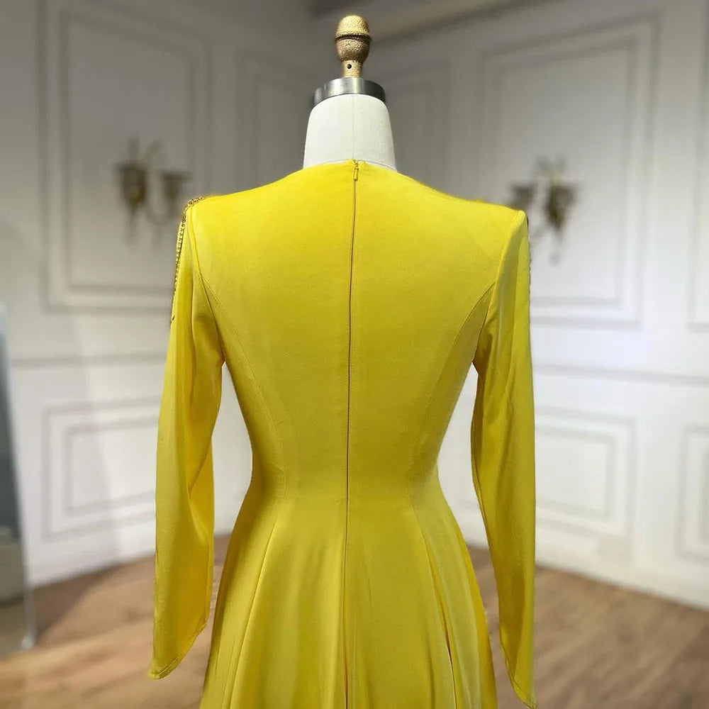 Serene Hill Luxury Dubai Arabic Yellow Mermaid Elegant Tassel Beaded Evening Dresses Gowns For Women Wedding Party 2025 LA72555 - SERENE HILL