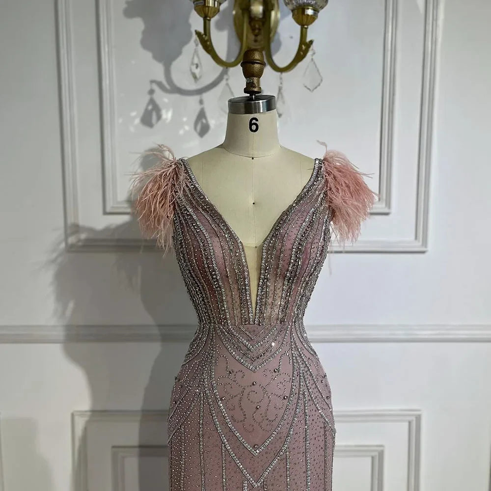 Luxury Dubai Blue Mermaid Evening Dress with Pearls and Feathers LA72578 - SERENE HILL