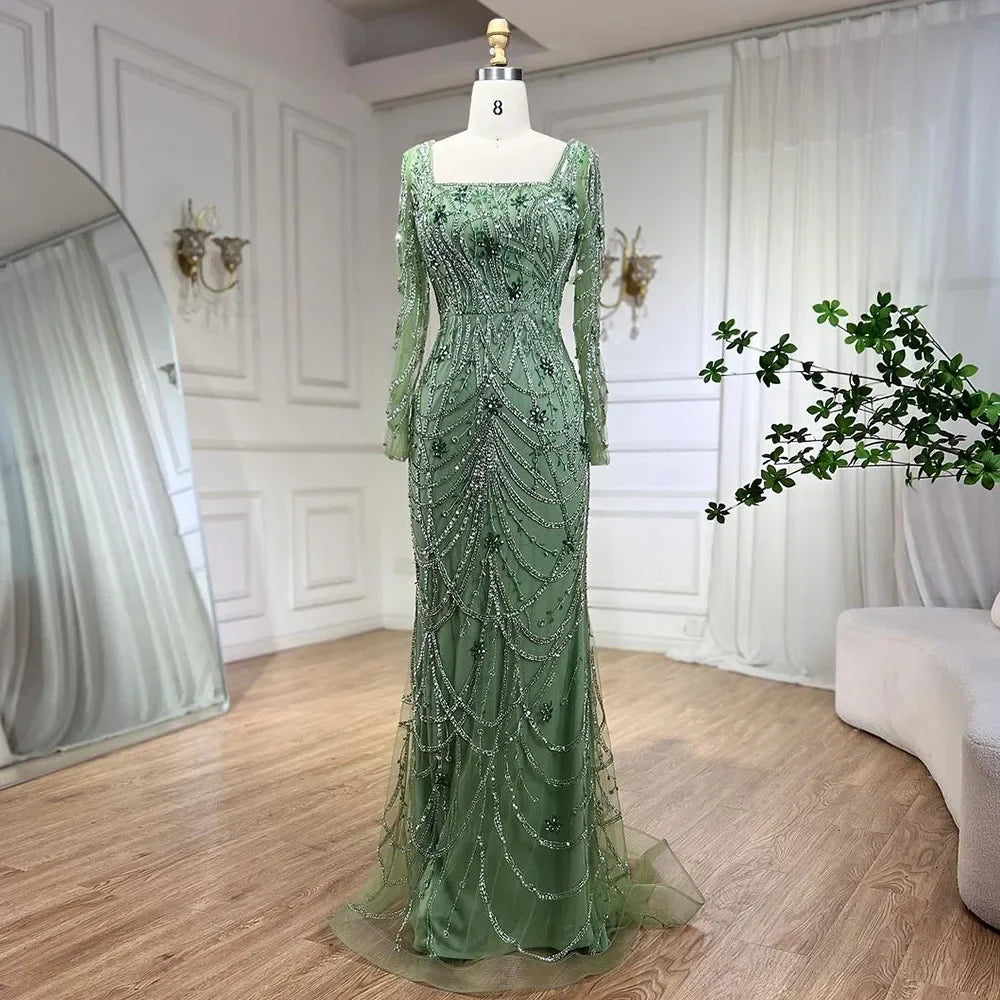Luxury Dubai Green Mermaid Evening Dress Long Sleeves LA72242 - SERENE HILL