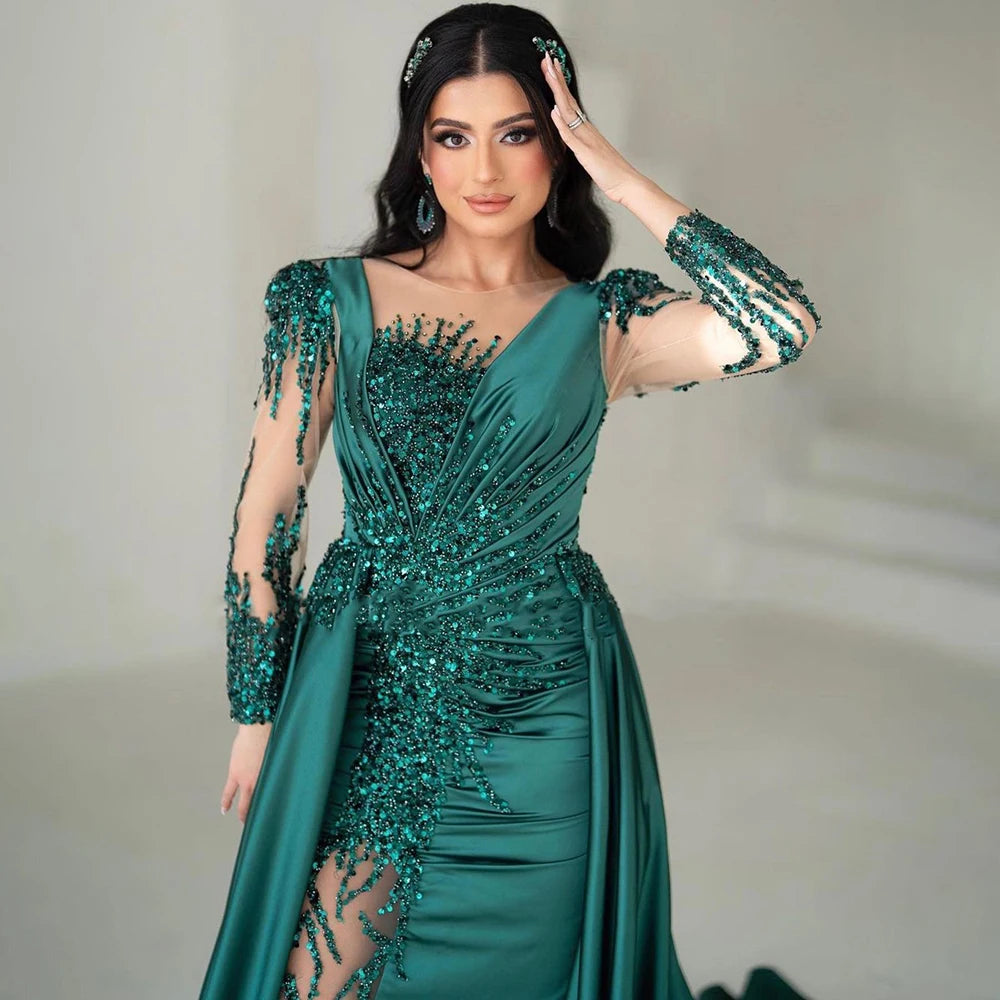 Serene Hill Luxury Dubai Green Mermaid Lace Beaded Satin Evening Dresses Formal Gowns 2025 For Woman Wedding Party LA72202A - SERENE HILL
