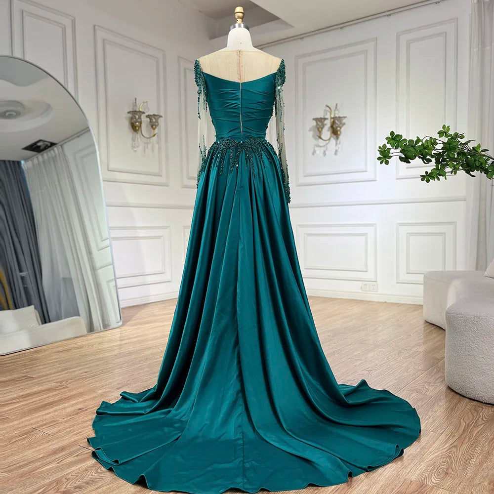 Serene Hill Luxury Dubai Green Mermaid Lace Beaded Satin Evening Dresses Formal Gowns 2025 For Woman Wedding Party LA72202A - SERENE HILL