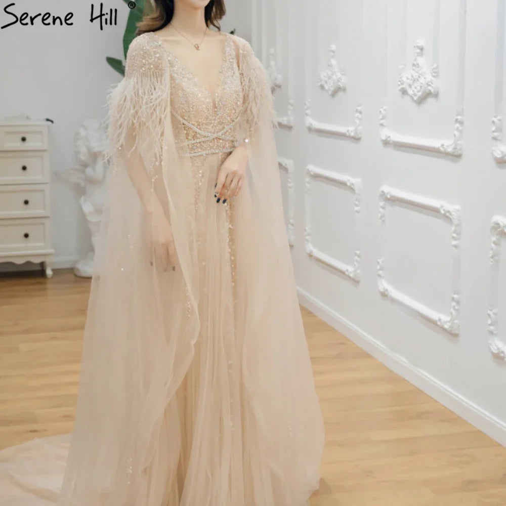Serene Hill Luxury Dubai Grey Evening Formal Dresses with Feather Cape Shawl Gold Arabic Women Wedding Party Gowns Long LA70640 - SERENE HILL