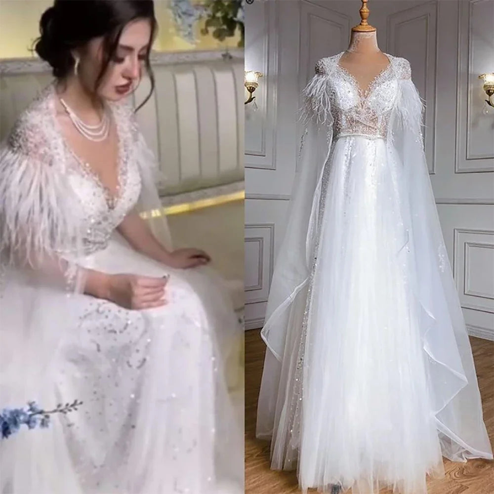 Serene Hill Luxury Dubai Grey Evening Formal Dresses with Feather Cape Shawl Gold Arabic Women Wedding Party Gowns Long LA70640 - SERENE HILL