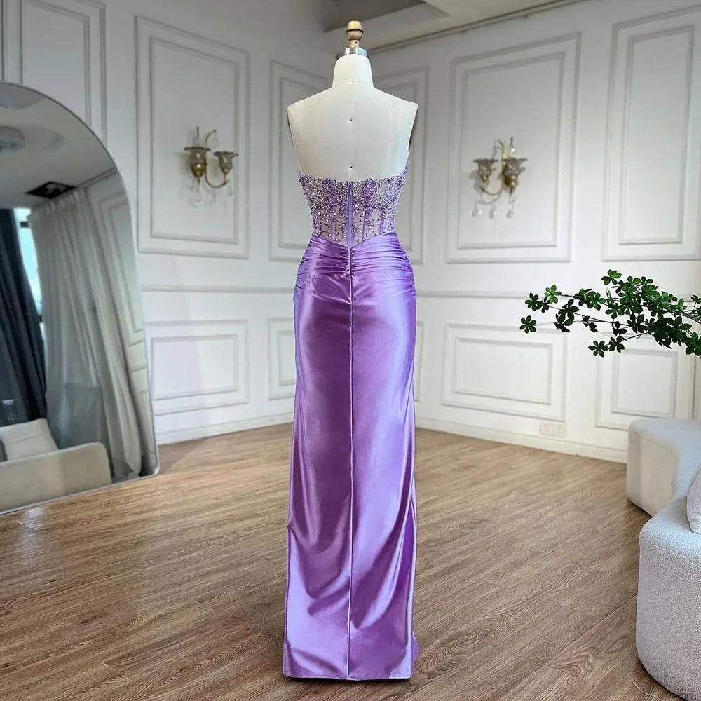 Serene Hill Luxury Dubai Lilac Split Mermaid Beaded Arabic Evening Dresses Gowns for Women Wedding Party 2025 LA72329 - SERENE HILL