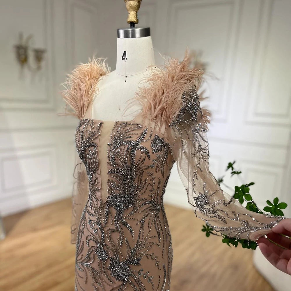Serene Hill Luxury Dubai Nude One Shoulder Beaded Feathers Mermaid Evening Dresses Gowns for Women Wedding Party Gown LA72508 - SERENE HILL