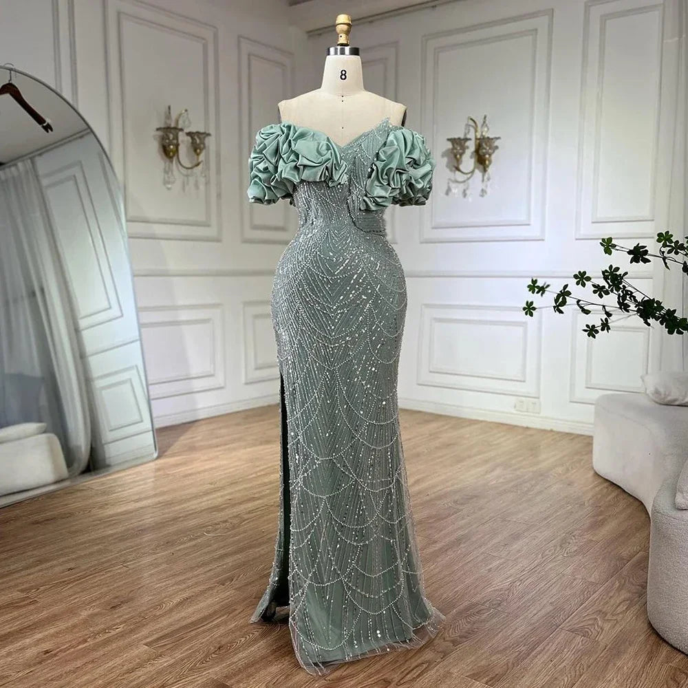 Luxury Dubai Luxury Dubai Off Shoulder Mermaid Sage Green Evening Dresses For Women Arabic Wedding Party Gown LA72281 - SERENE HILL