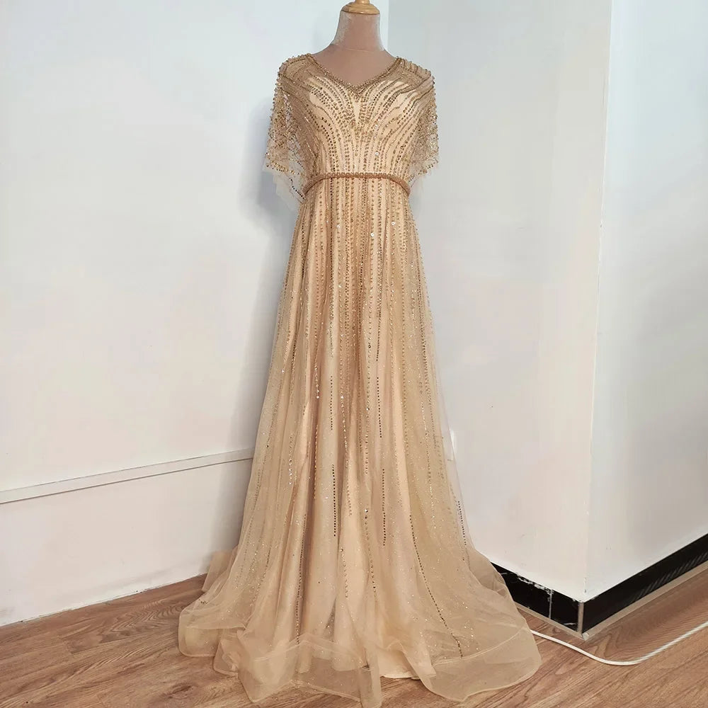 Serene Hill Luxury Dubai Red A-Line Elegant Evening Dresses Half Sleeves BeadedFor Woman Wedding Party 2025 LA70458 - SERENE HILL